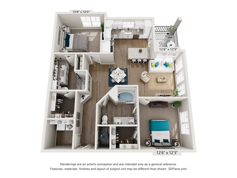 Floor plan for 2 beds, 2 baths, 1243 sqft
